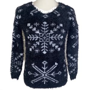 Finn & Clover Anthropologie Black Fuzzy Snowflake Sweater